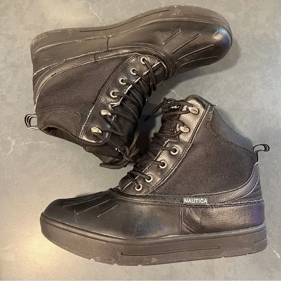 Nautica sz 10 black leather canvas lace-up duck boots