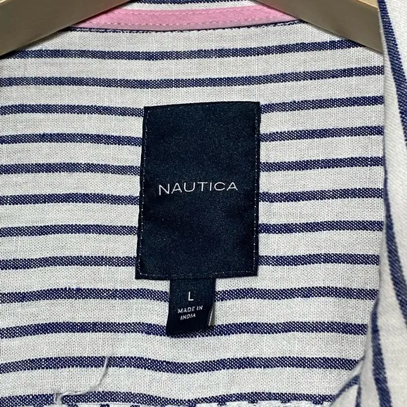 Nautica White Blue Striped Linen Blend Lightweight Boat Jacket size large