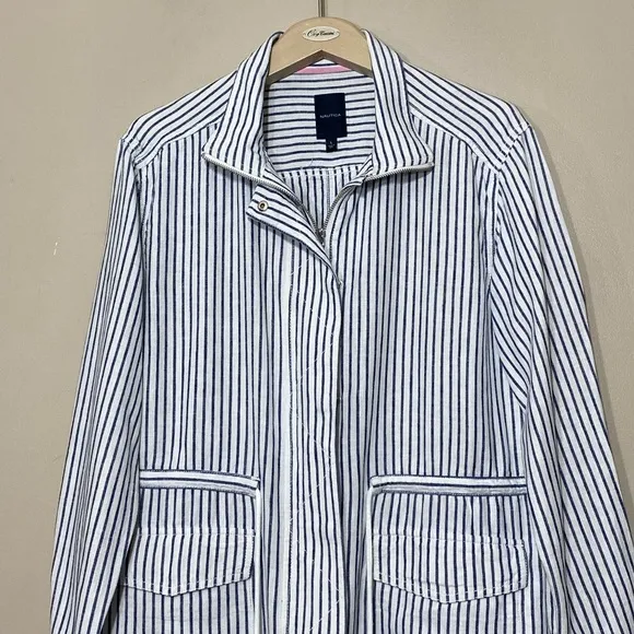 Nautica White Blue Striped Linen Blend Lightweight Boat Jacket size large
