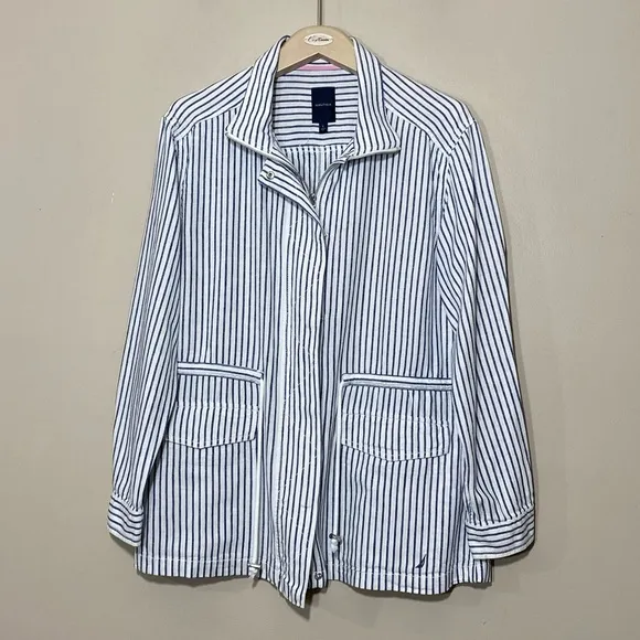 Nautica White Blue Striped Linen Blend Lightweight Boat Jacket size large