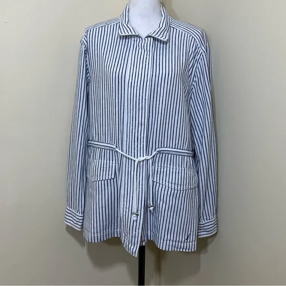 Nautica White Blue Striped Linen Blend Lightweight Boat Jacket size large
