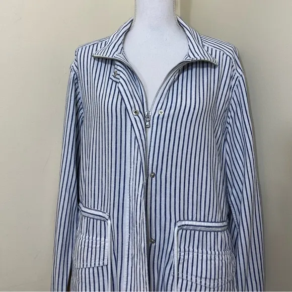 Nautica White Blue Striped Linen Blend Lightweight Boat Jacket size large