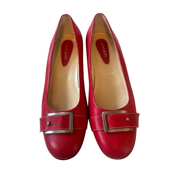 Neiman Marcus 9.5 Amalfi Italian Leather Round Toe Kitten Heels Ballet Flats Red