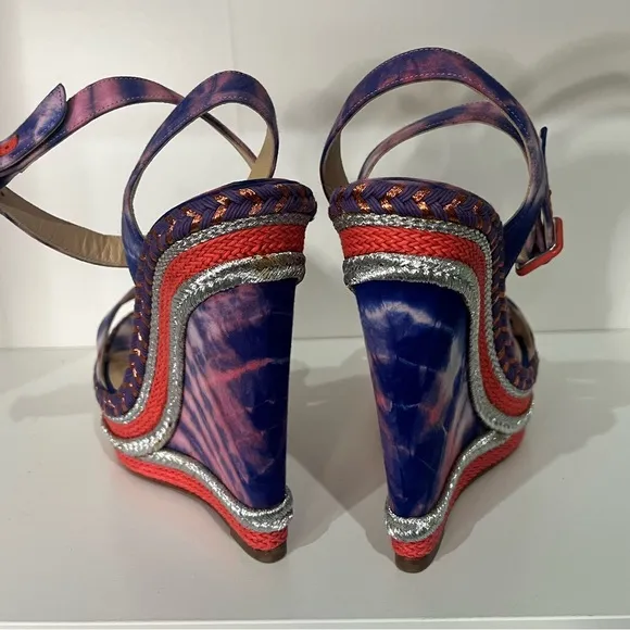 Never worn Christian Louboutin Multicolor Fabric Ankle Strap Platform Wedges