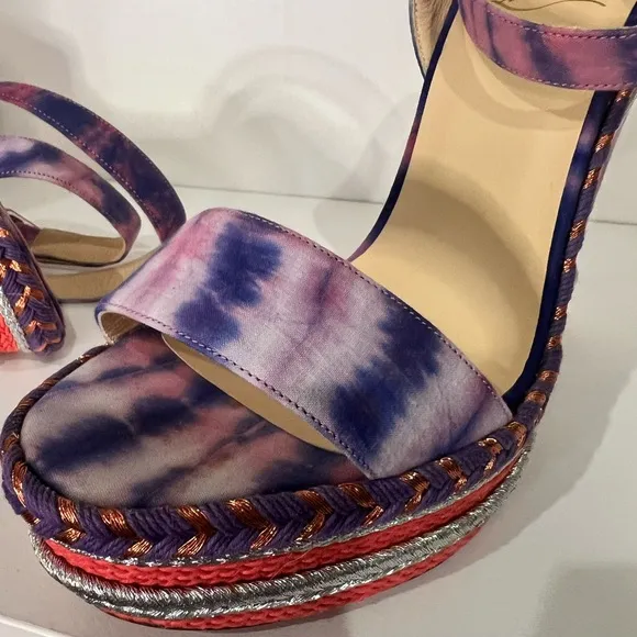 Never worn Christian Louboutin Multicolor Fabric Ankle Strap Platform Wedges