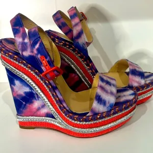 Never worn Christian Louboutin Multicolor Fabric Ankle Strap Platform Wedges