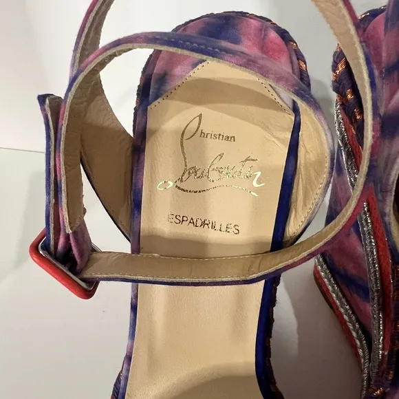 Never worn Christian Louboutin Multicolor Fabric Ankle Strap Platform Wedges