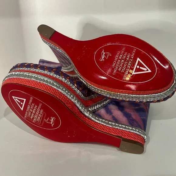 Never worn Christian Louboutin Multicolor Fabric Ankle Strap Platform Wedges