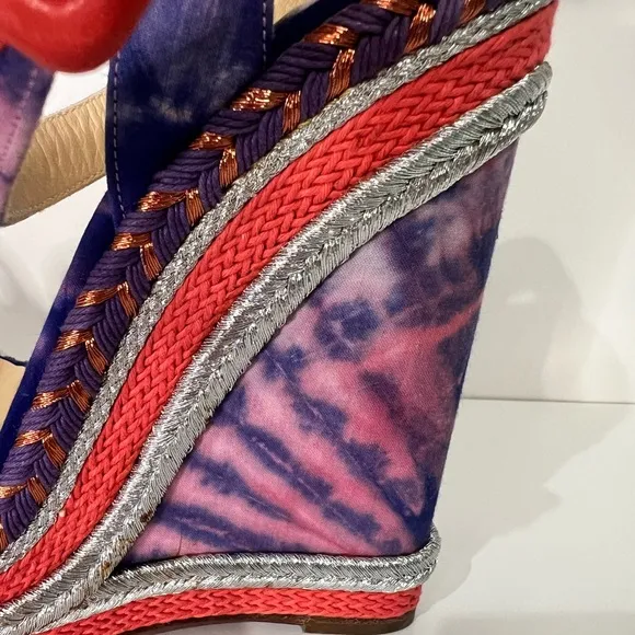 Never worn Christian Louboutin Multicolor Fabric Ankle Strap Platform Wedges
