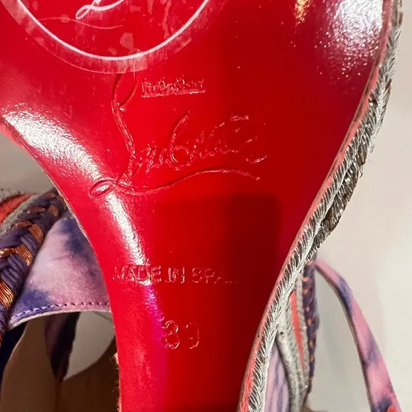 Never worn Christian Louboutin Multicolor Fabric Ankle Strap Platform Wedges