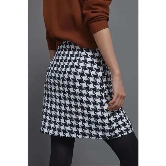 NEW Anthropologie Evira Black White Houndstooth Sparkle Thread Mini Skirt Size 2