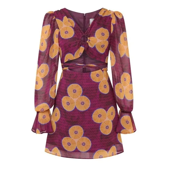 NEW AUTUMN ADEIGBO African Block Print Cutout Tie Waist Puff Long Sleeve Dress 0