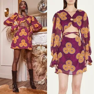 NEW AUTUMN ADEIGBO African Block Print Cutout Tie Waist Puff Long Sleeve Dress 0