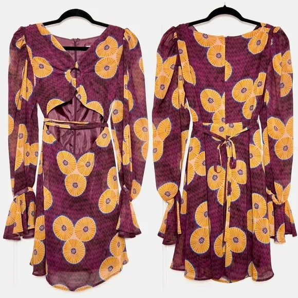 NEW AUTUMN ADEIGBO African Block Print Cutout Tie Waist Puff Long Sleeve Dress 0