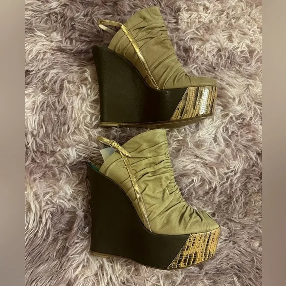 New Baldan Brown and Tan Leather Suede Peep Toe Sandal Wedges Size 38