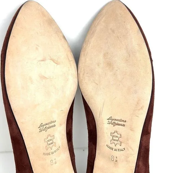 New Butter Shoes Italy Brown Suede Leather Flat Shoes Pointed Toe Bow Detail 8,5