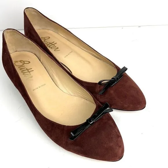 New Butter Shoes Italy Brown Suede Leather Flat Shoes Pointed Toe Bow Detail 8,5