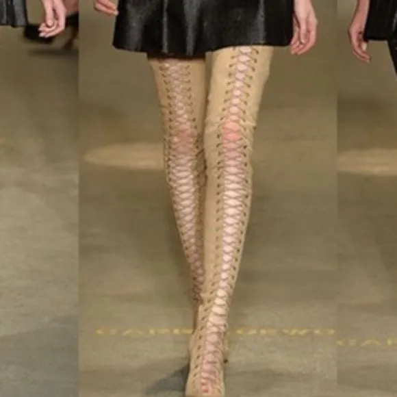 NEW Cape Robin Olga-yh-1 Suede Lace Up Thigh Boots Color NUDE 11