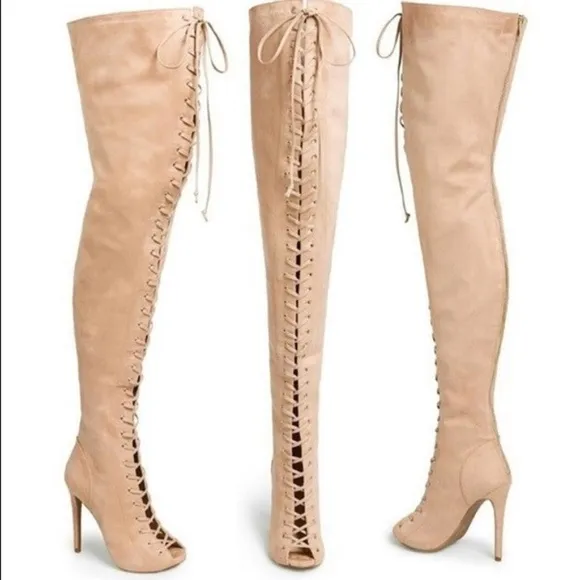NEW Cape Robin Olga-yh-1 Suede Lace Up Thigh Boots Color NUDE 11