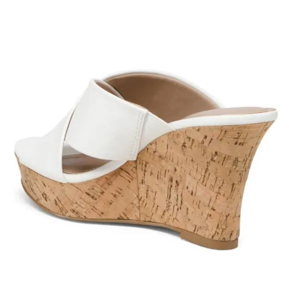 New! CHARLES BY CHARLES DAVID Cross Band Peep Toe Cork Wedges Sandals