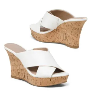 New! CHARLES BY CHARLES DAVID Cross Band Peep Toe Cork Wedges Sandals