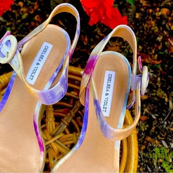 NEW CHELSEA &amp; VIOLET CV-HENNA OPEN TOE ANKLE STRAP TIE-DYE WEDGES 9.5