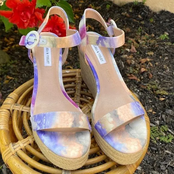 NEW CHELSEA &amp; VIOLET CV-HENNA OPEN TOE ANKLE STRAP TIE-DYE WEDGES 9.5