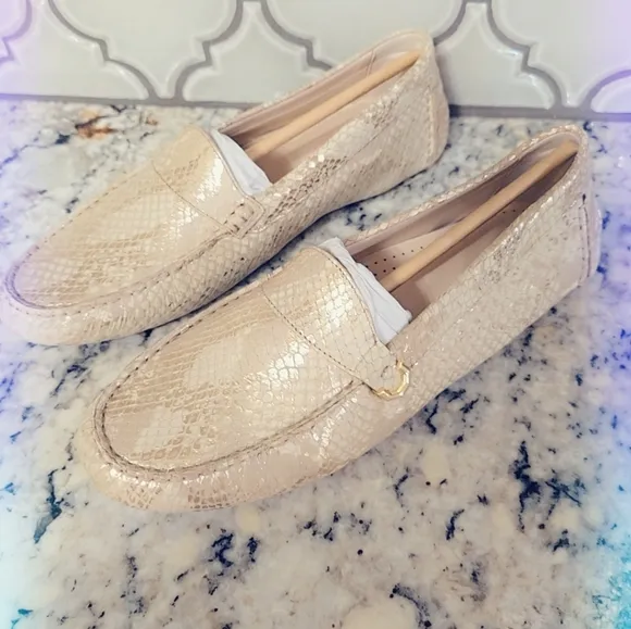 NEW Cole Haan Snake Skin Gold Tone Loafer Metallic Moccasin