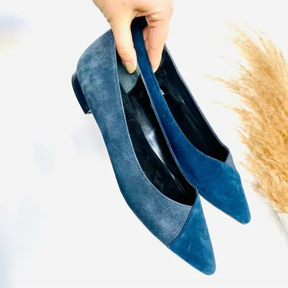 NEW DONALD J PLINER Two Tone Navy Blue Silver Metallic Pointy Toe Flats Shoes 7