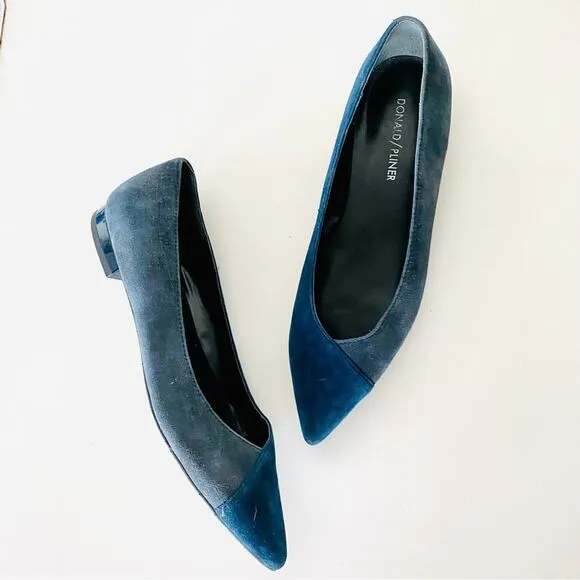 NEW DONALD J PLINER Two Tone Navy Blue Silver Metallic Pointy Toe Flats Shoes 7