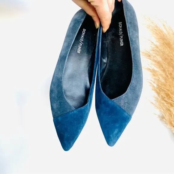 NEW DONALD J PLINER Two Tone Navy Blue Silver Metallic Pointy Toe Flats Shoes 7