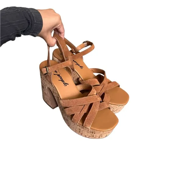 NEW FREE PEOPLE Lisbon Brown Suede Leather Platform Ankle Heels