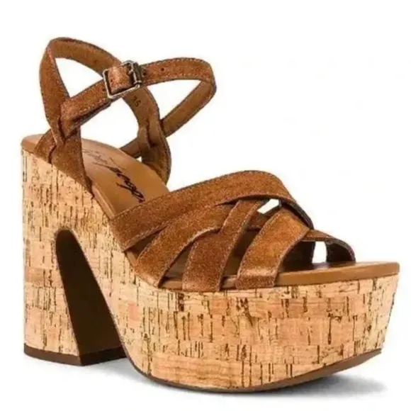 NEW FREE PEOPLE Lisbon Brown Suede Leather Platform Ankle Heels