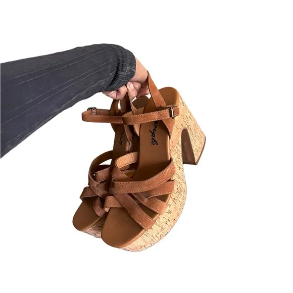 NEW FREE PEOPLE Lisbon Brown Suede Leather Platform Ankle Heels