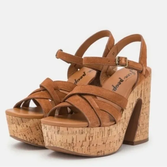 NEW FREE PEOPLE Lisbon Brown Suede Leather Platform Ankle Heels
