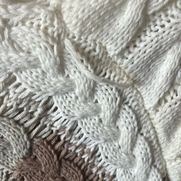 New Free People Revelry Cable Knit Fringe Poncho Pink and White