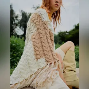 New Free People Revelry Cable Knit Fringe Poncho Pink and White