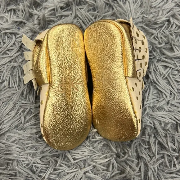 NEW • Freshly Picked • Fringe Leather Moccasins Heirloom Cream Gold Polka Dots 5