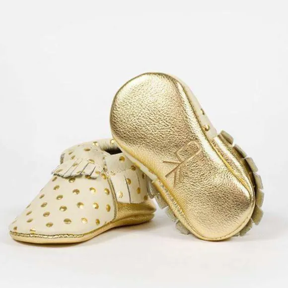 NEW • Freshly Picked • Fringe Leather Moccasins Heirloom Cream Gold Polka Dots 5