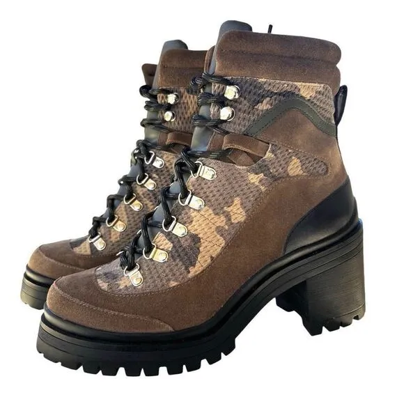New Gianni Bini Camo Combat Block Heel Green Brown Suede Size 7.5M Lace Up &amp; Zip