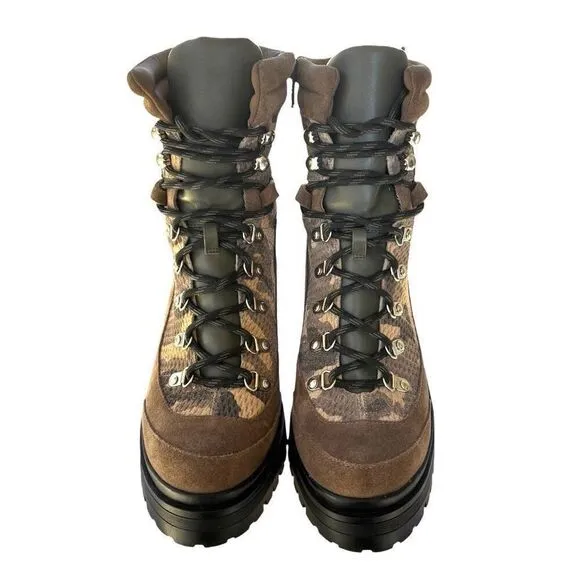 New Gianni Bini Camo Combat Block Heel Green Brown Suede Size 7.5M Lace Up &amp; Zip
