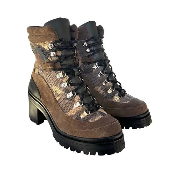 New Gianni Bini Camo Combat Block Heel Green Brown Suede Size 7.5M Lace Up &amp; Zip