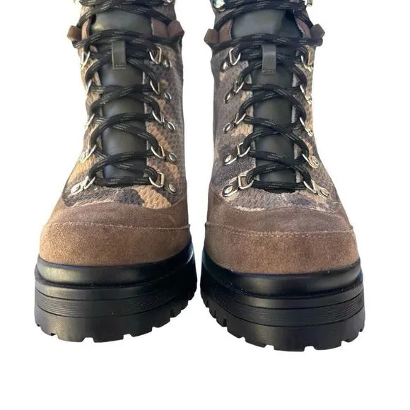 New Gianni Bini Camo Combat Block Heel Green Brown Suede Size 7.5M Lace Up &amp; Zip