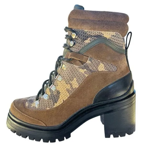 New Gianni Bini Camo Combat Block Heel Green Brown Suede Size 7.5M Lace Up &amp; Zip