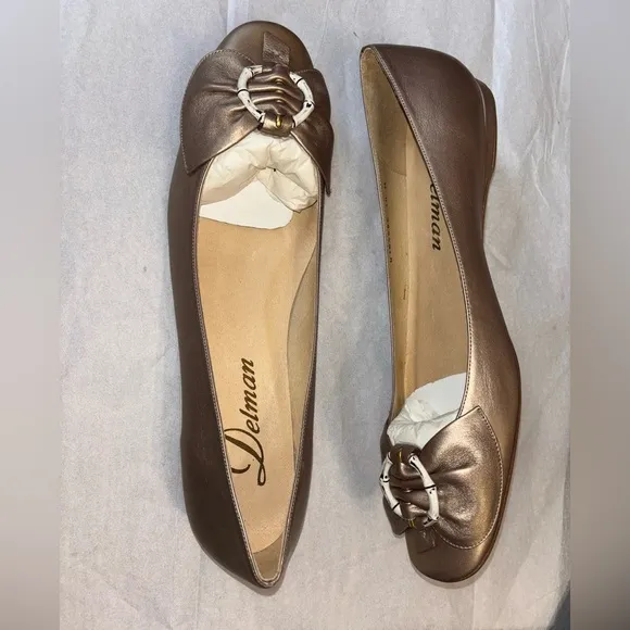 NEW Iconic Delman Rare Vintage Womens 10 Patina Bronze Leather Ballet Flats nwot