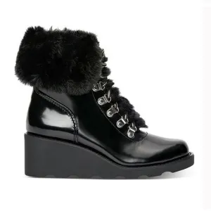 NEW | INC International black patent lace up wedge ankle boots faux fur Sz 6.5