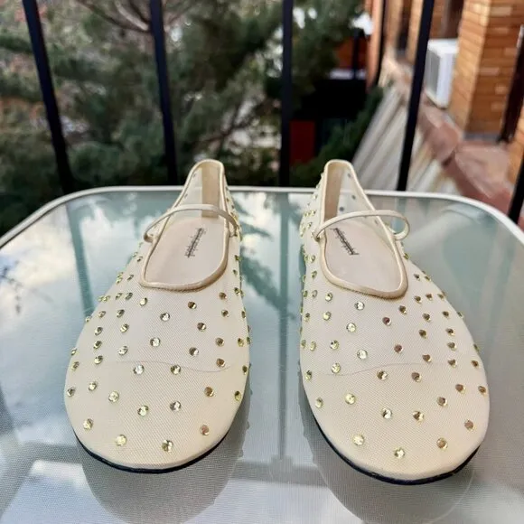 New Jeffrey Campbell Swan Lake Gem Mesh Flats Rhinestone Ballet Yellow Shoes