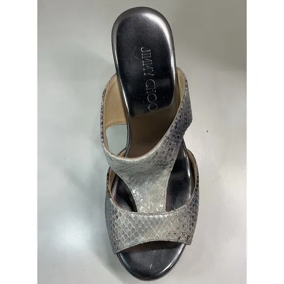 NEW Jimmy Choo Pecane Gray Silver Snake Print Wedge EU 37.5