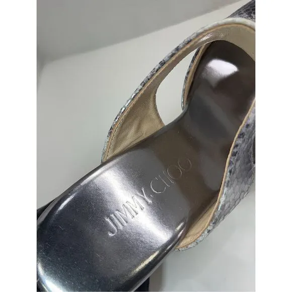 NEW Jimmy Choo Pecane Gray Silver Snake Print Wedge EU 37.5