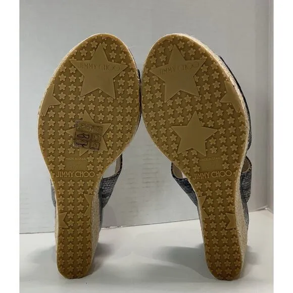 NEW Jimmy Choo Pecane Gray Silver Snake Print Wedge EU 37.5